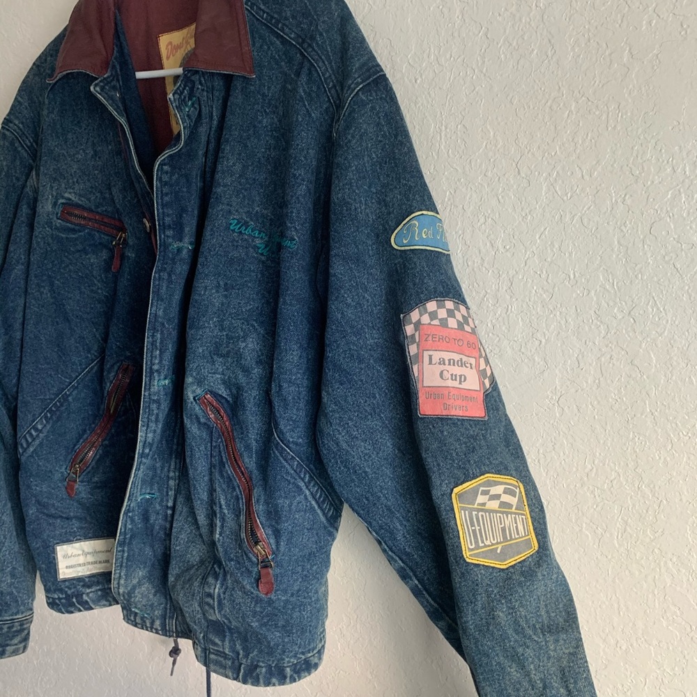 Vintage Patched Denim Jacket with Leather Collar